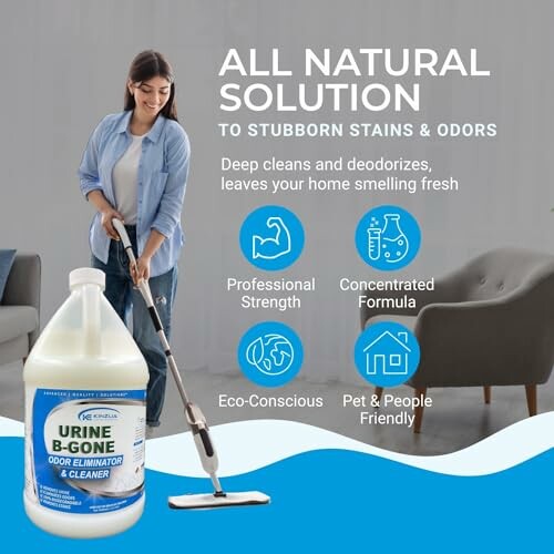 Woman mopping floor with Urine B-Gone cleaner, highlighting features: professional strength, concentrated formula, eco-conscious, pet and people friendly.