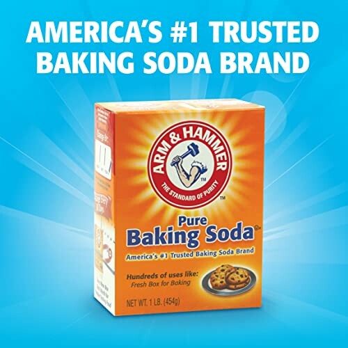 Arm & Hammer baking soda box with blue background and text.