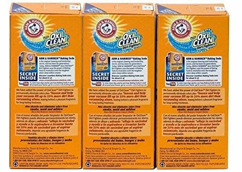 Three boxes of Arm & Hammer Baking Soda with OxiClean Dirt Fighters