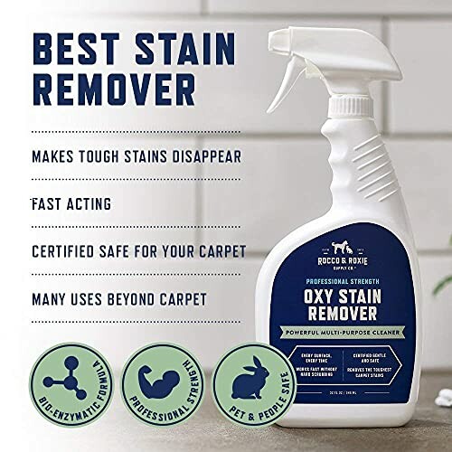 Rocco & Roxie Oxy Stain Remover features: tough stains, fast acting, carpet safe, versatile use.