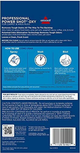 Bissell Professional Power Shot Oxy cleaning instructions on product packaging.