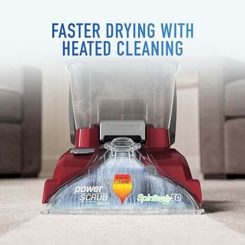 Carpet cleaner with heated cleaning for faster drying.