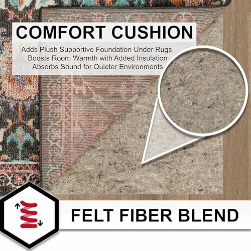 Felt fiber blend comfort cushion for rugs with insulation benefits.