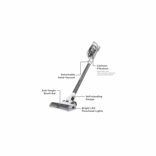 Cordless vacuum cleaner with features labeled: detachable hand vacuum, cyclonic filtration, anti-tangle brush bar, self-standing design, bright LED floorhead lights.