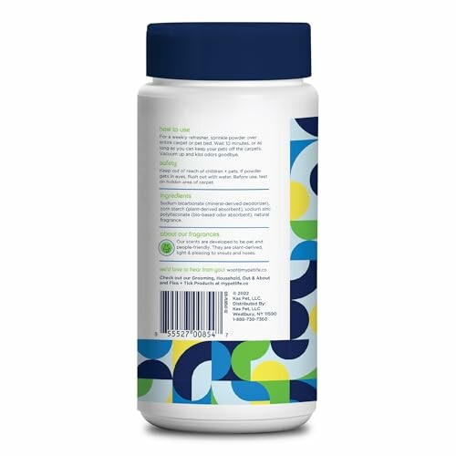 Back view of a deodorant bottle with colorful geometric design and product information.