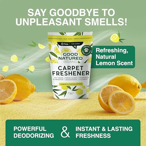 Lemon-scented carpet freshener with lemons and eucalyptus.