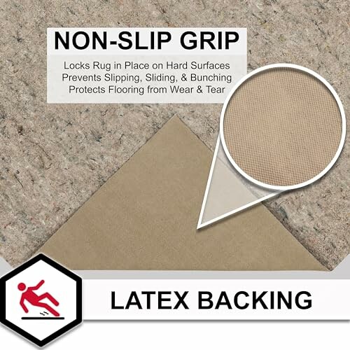 Non-slip grip rug pad with latex backing for secure placement.