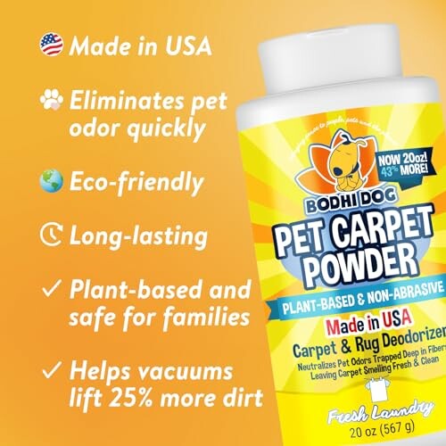 Pet carpet powder with benefits listed on yellow background.