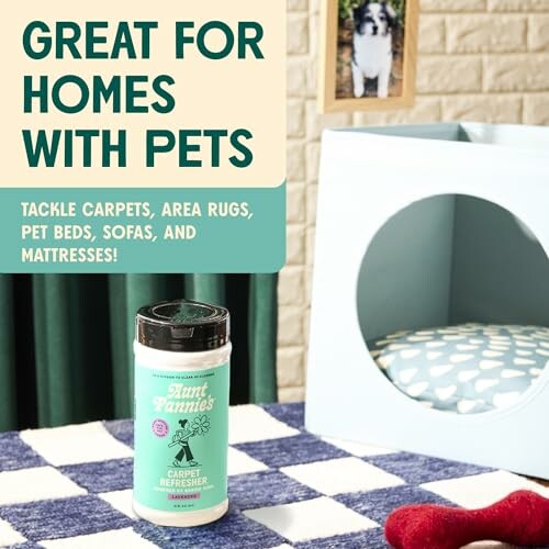 Pet-friendly carpet refresher beside pet bed and toys.