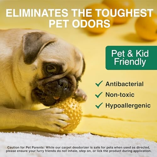 Pug chewing a yellow toy with text about pet odor eliminator benefits.