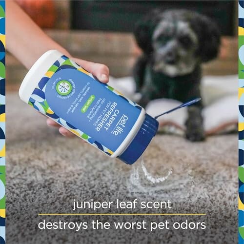 Pet odor eliminator powder being sprinkled on carpet with a dog in the background.