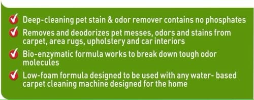 List of benefits for a pet stain and odor remover product.