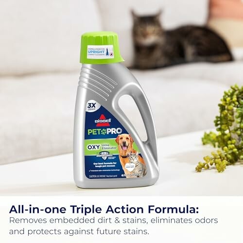 Pet stain remover bottle with cat in background.