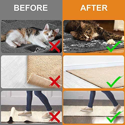 Comparison of rugs before and after using a rug gripper with a cat lying on the rug and a person walking on it.