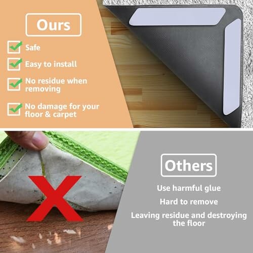 Comparison of rug grippers: Ours vs Others, highlighting ease of use and floor safety.