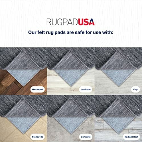 Rug pad on various surfaces: hardwood, laminate, vinyl, stone/tile, concrete, radiant heat.