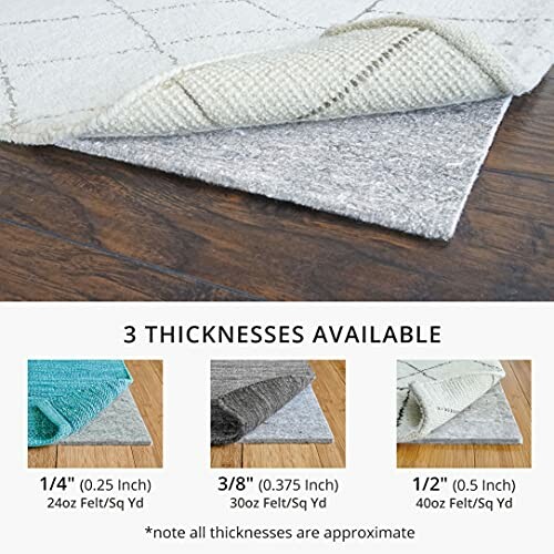 Three thickness options for rug pads on wood floor.