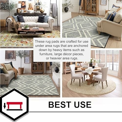 Collage of living room and dining room setups showcasing rug pads under furniture.