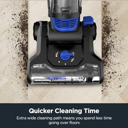 Vacuum cleaner on floor with dirt, quicker cleaning time.