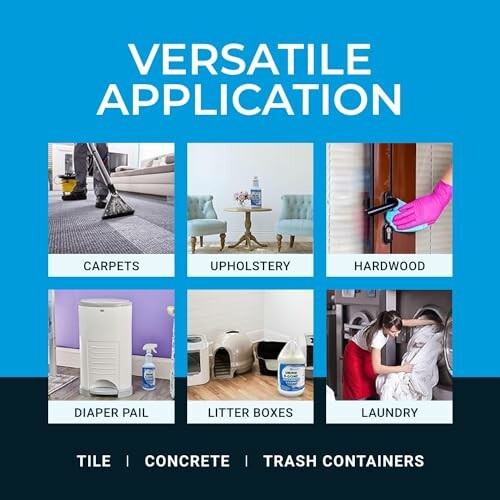 Image showing versatile cleaning applications for carpets, upholstery, hardwood, diaper pail, litter boxes, and laundry.